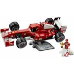Ferrari F2004 LEGO sur son présentoir et minifigurine de Schumacher, sur fond blanc