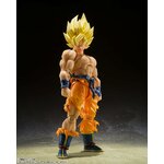 Goku debout de face, bras le long du corps, photographié sur fond sombre
