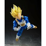 Vegeta en plein bond, poings serrés, sur fond sombre