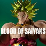 Gros plan sur le visage et la chevelure métallisée de Broly, titre Blood of Saiyans