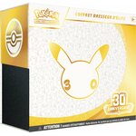 Coffret Dresseur délite Pokémon 30e Anniversaire vu de trois quarts, silhouette dorée de Pikachu sur le couvercle
