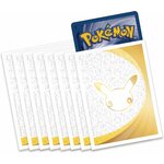 Protège-cartes blancs et dorés à la silhouette de Pikachu, devant un dos de carte Pokémon