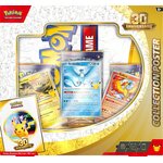 Face avant de la boîte avec les trois cartes promo et le poster plié à leffigie de Pikachu