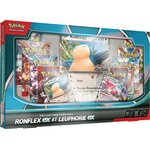 Collection spéciale Ronflex-ex et Leuphorie-ex vue de trois quarts, boosters et cartes en vitrine