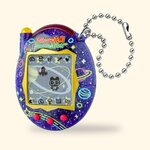 Tamagotchi Connection Neon Planet à coque violette pailletée, planètes fluo et cadre doré, sur fond crème