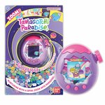 Boîte du Tamagotchi Paradise et lappareil Ciel violet, violet et rose, posé à côté