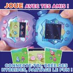 Deux Tamagotchi Paradise, violet et bleu, reliés par le haut pour jouer ensemble