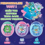 Les trois Tamagotchi Paradise Terre, Ciel et Eau devant une planète illustrée