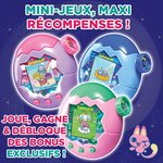 Trois Tamagotchi Paradise violet, bleu et rose, visuel sur les mini-jeux