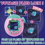 Tamagotchi Paradise rose et vert et vues successives dun zoom vers une planète
