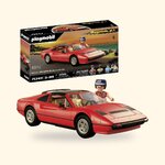 Coffret Playmobil 71343 et Ferrari 308 GTS rouge de Magnum, avec la figurine de Thomas Magnum, sur fond crème