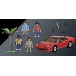 Contenu du coffret : Rick, Magnum, T.C., Higgins, un palmier, un perroquet, trois accessoires et la Ferrari