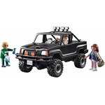 Pick-up noir Playmobil, Marty au volant, Biff et son vaporisateur, Jennifer et son sac, sur fond blanc
