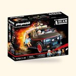 Boîte du coffret Playmobil 70750, le fourgon noir à bande rouge de l'Agence tous risques, sur fond crème