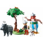 Scène montée sur fond blanc : le sanglier, larbre aux écureuils, Astérix, Obélix et Idéfix
