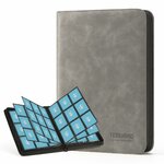 Grand classeur TCGUARD gris, fermé, à côté de ses pages à 9 pochettes