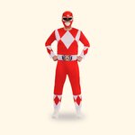 Déguisement adulte de Ranger rouge Mighty Morphin Rubie's porté de face, combinaison et masque, sur fond crème