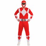 Homme de face en costume de Ranger rouge : combinaison à losanges blancs, masque et baskets blanches