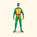 Déguisement adulte Leonardo des Tortues Ninja Rubie's porté de face, masque bleu et plastron imprimé, sur fond crème