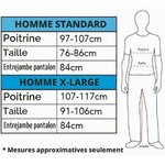 Tableau des tailles homme Standard et X-Large : tours de poitrine, de taille et entrejambe