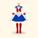 Déguisement Sailor Moon Funidelia à plat : robe, ras-de-cou, tiare, gants et couvre-bottes rouges, sur fond crème