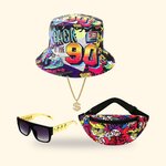 Kit hip-hop années 90 : bob Back to the 90's, chaîne à pendentif dollar, lunettes noires et banane, sur fond crème