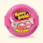 Rouleau Hubba Bubba Mega Long vu de dessus, boîtier rond rose, sur fond crème