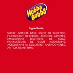 Liste des ingrédients en majuscules sur fond rouge, sous le logo Hubba Bubba
