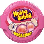 Un rouleau Hubba Bubba Mega Long vu de dessus, boîtier rond rose