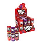 Boîte présentoir de Push Pop Bazooka et trois tubes fraise, cassis et cola au premier plan