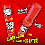 Visuel en anglais : Push Pop fraise, tube fermé et sucette sortie