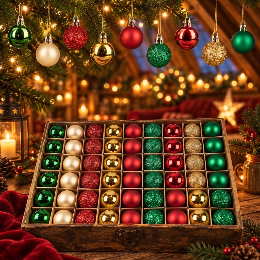Mini boules de Noël rouges, vertes et dorées suspendues à une branche de sapin et rangées dans une boîte