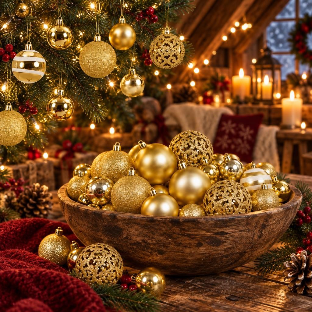 Boules de Noël dorées suspendues au sapin et rassemblées dans un bol en bois