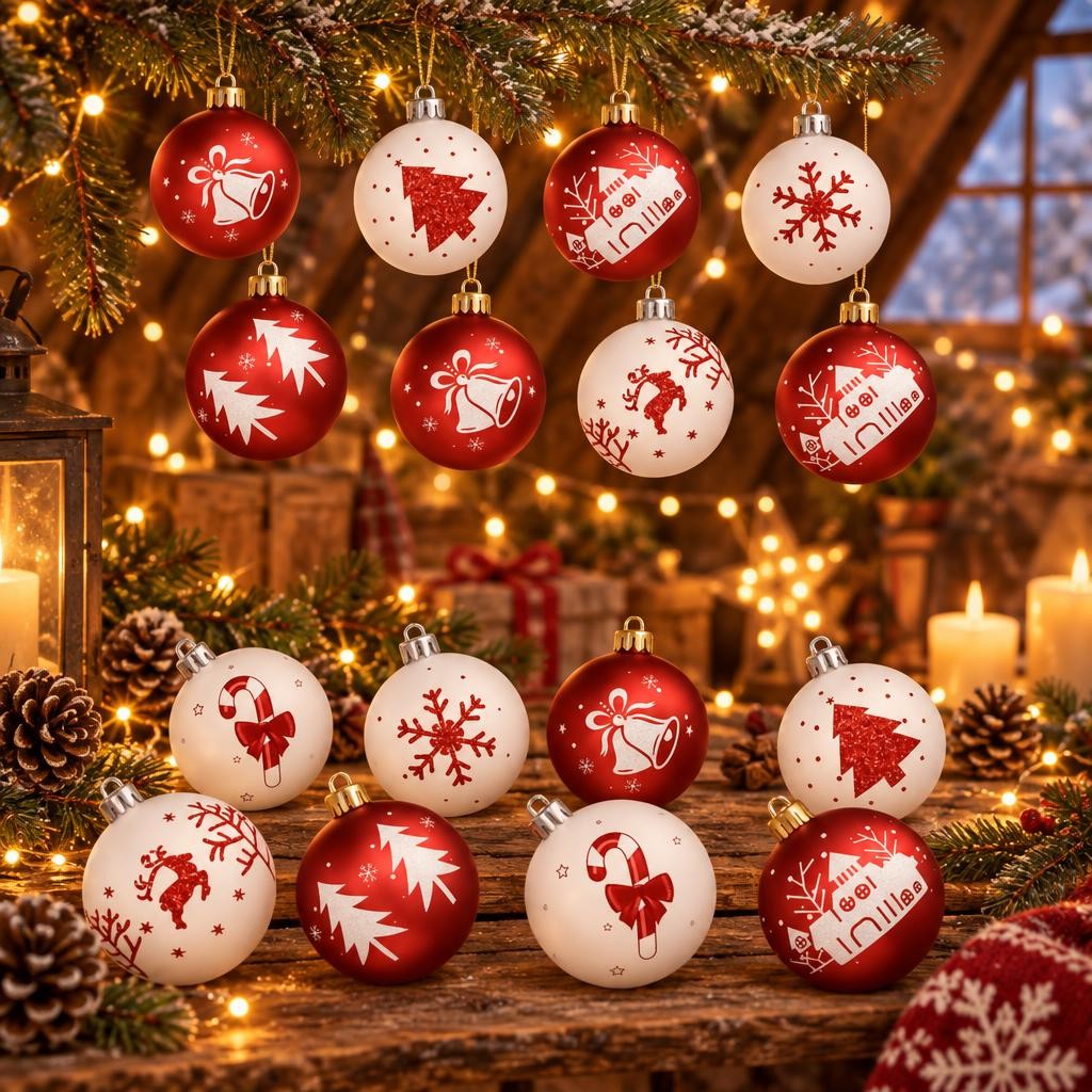 Boules de Noël rouges et blanches à motifs de sapin, cloche et flocon suspendues dans un grenier illuminé