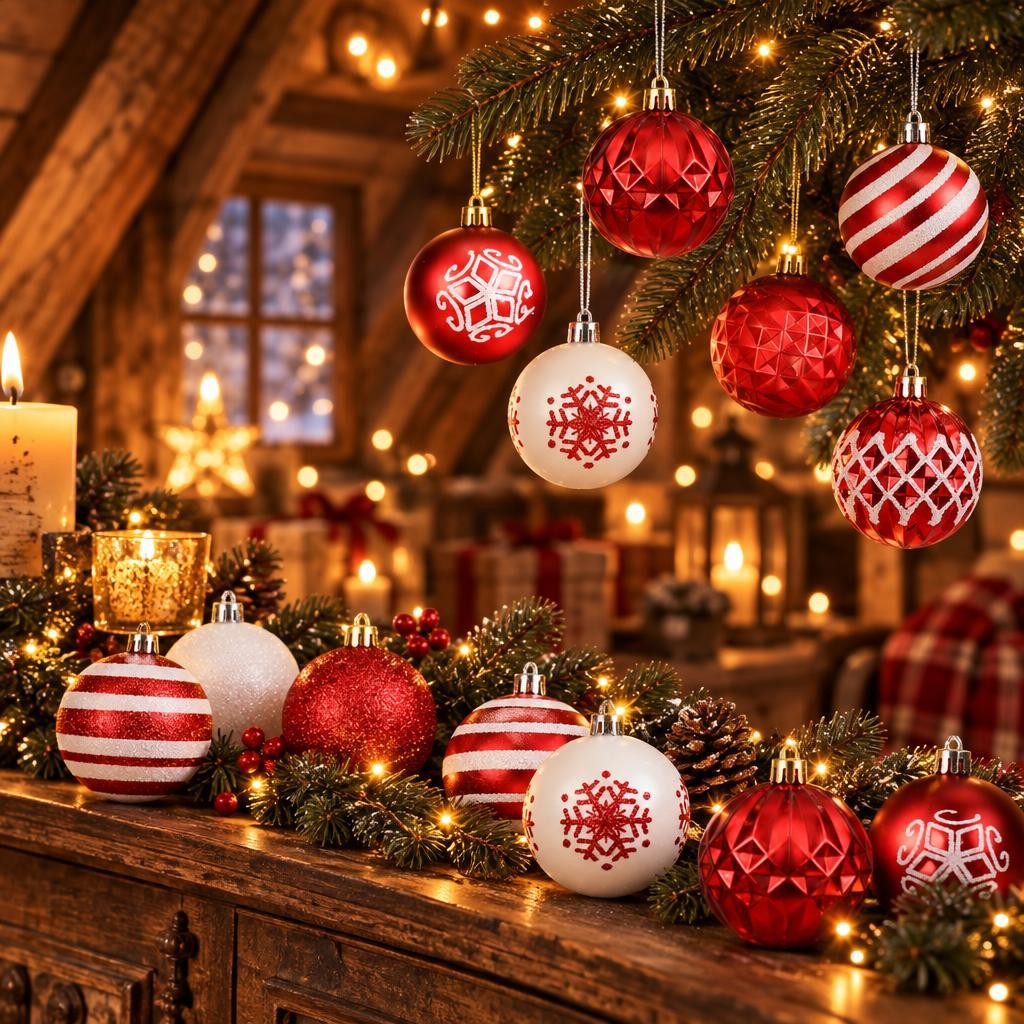 Boules de Noël rouges et blanches en relief suspendues au sapin et posées sur un manteau de cheminée