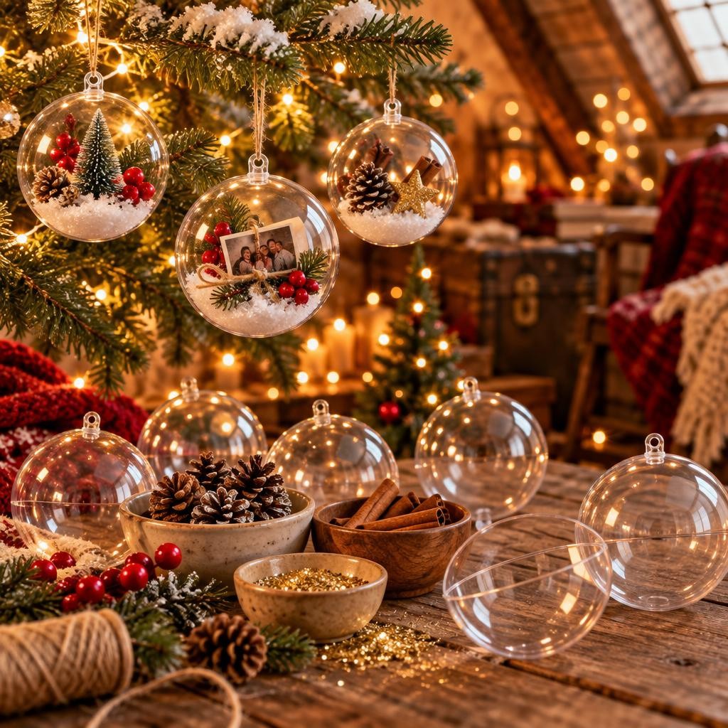 Boules de Noël transparentes remplies de neige, pommes de pin et photo, près de bols de décorations à glisser dedans