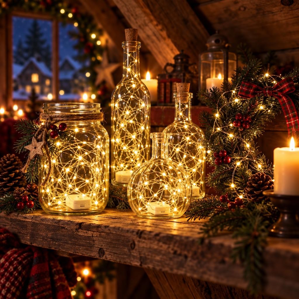 Mini guirlandes lumineuses allumées dans des bouteilles, un bocal et une couronne sur une étagère en bois