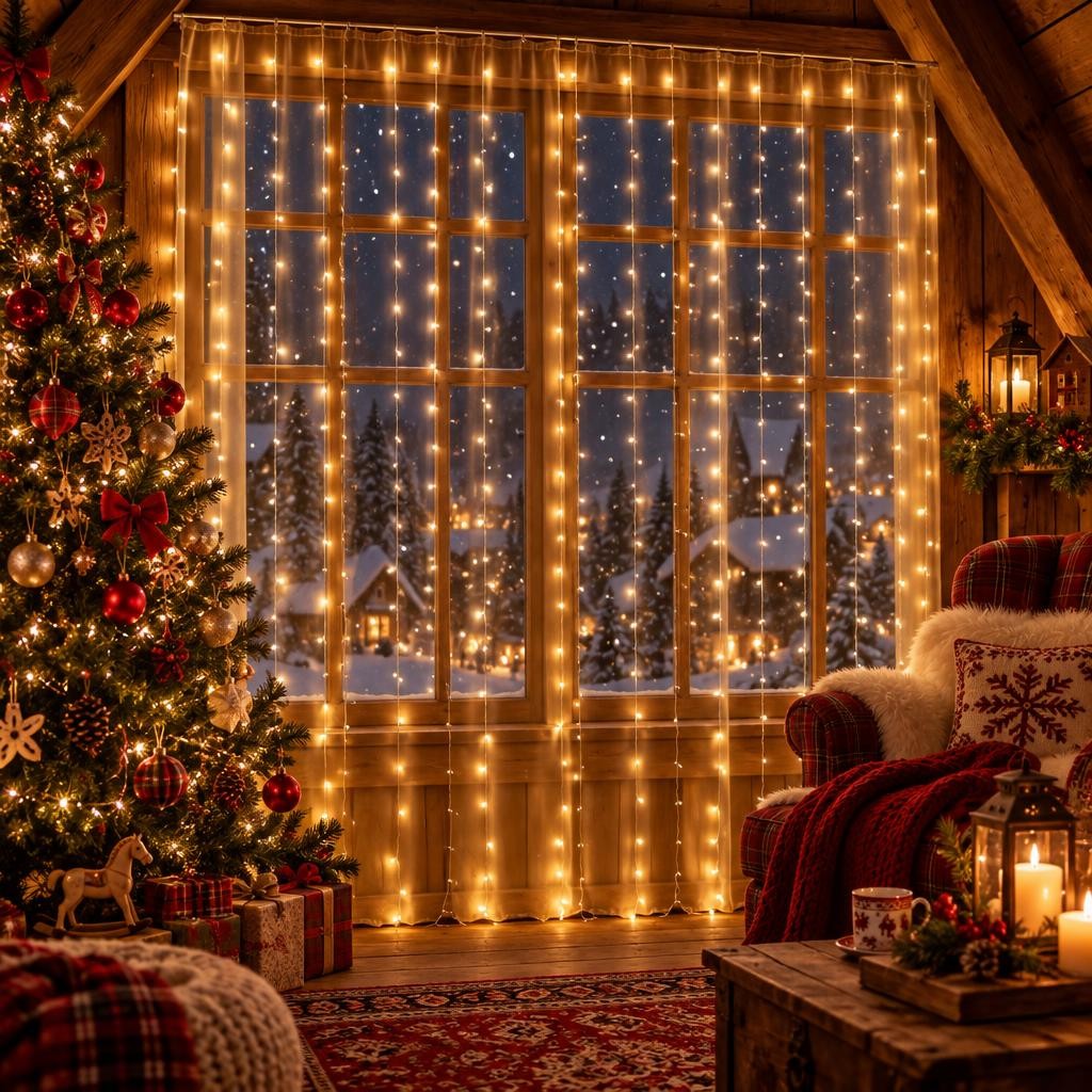 Rideau lumineux blanc chaud allumé devant une grande fenêtre enneigée, à côté dun sapin décoré
