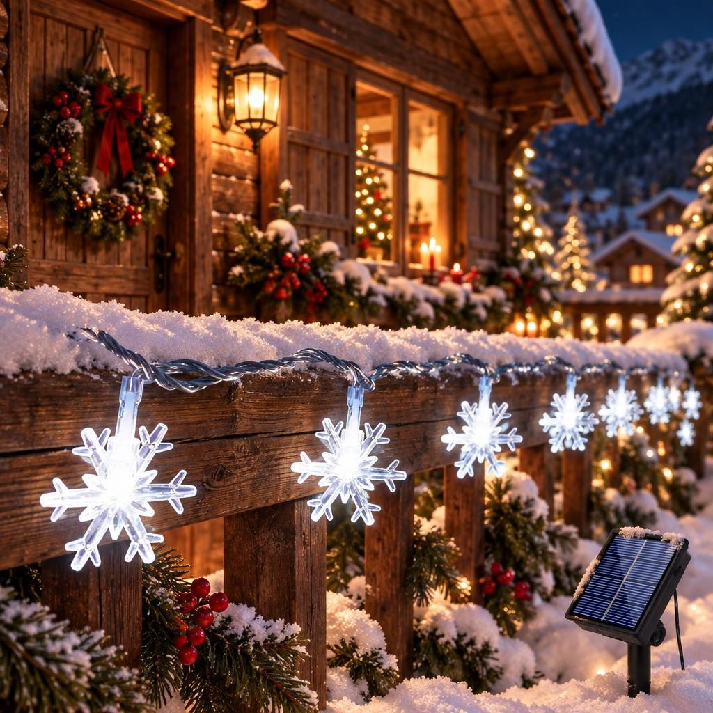 Guirlande solaire de flocons lumineux blanc froid sur la rambarde enneigée dun chalet, panneau solaire planté dans la neige