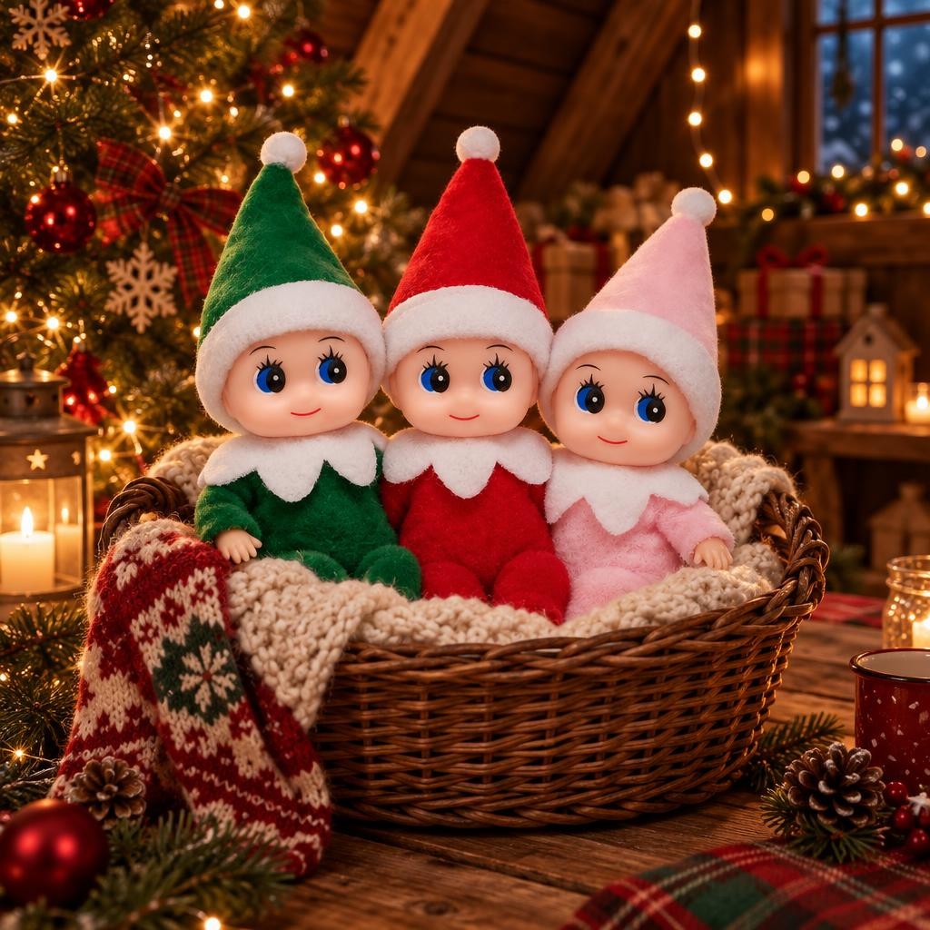 Trois bébés lutins vert, rouge et rose blottis dans un panier en osier près du sapin