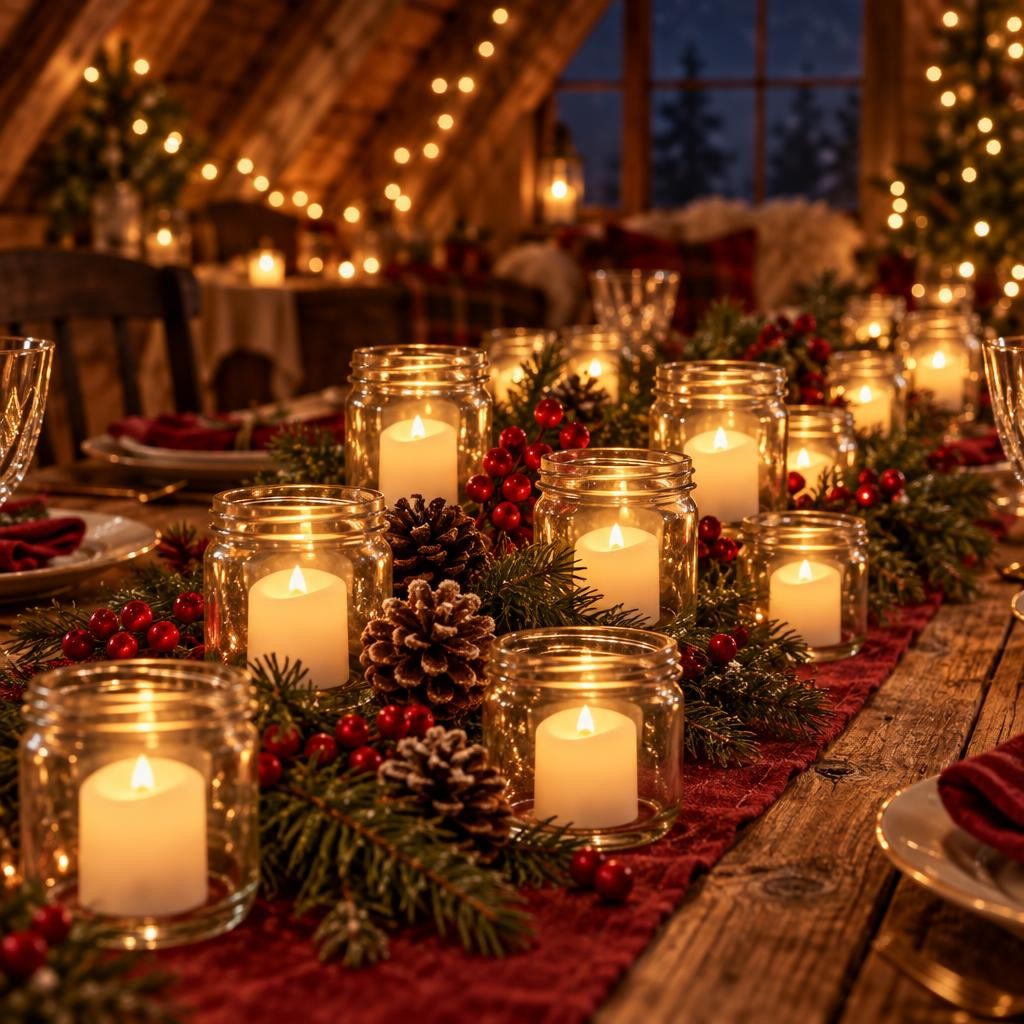 Bougies chauffe-plat LED allumées dans des pots en verre sur une table de Noël en bois
