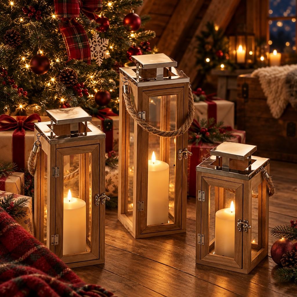 Trois lanternes en bois à anse en corde allumées au pied dun sapin de Noël décoré