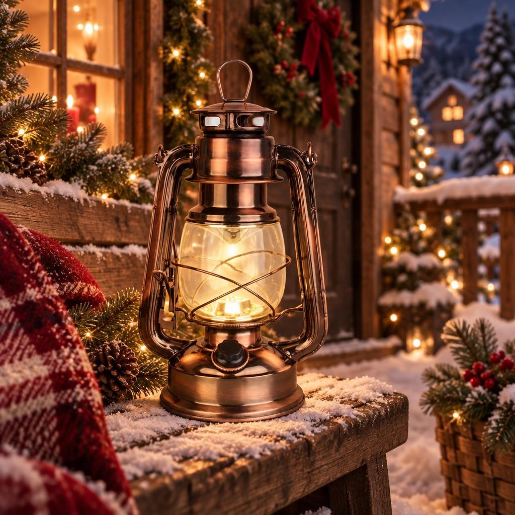 Lanterne tempête LED cuivrée allumée sur un banc enneigé devant un chalet décoré pour Noël