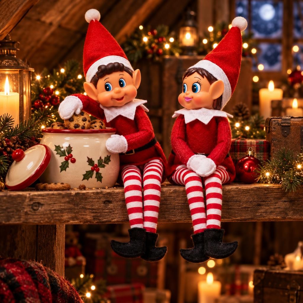 Lutin et lutine farceurs assis sur une étagère en bois, lun plongeant la main dans un pot à biscuits