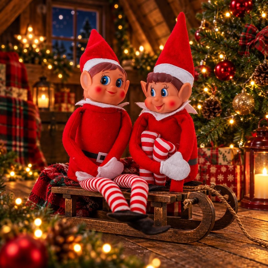 Lutin et lutine farceurs assis sur une petite luge en bois près dun sapin illuminé