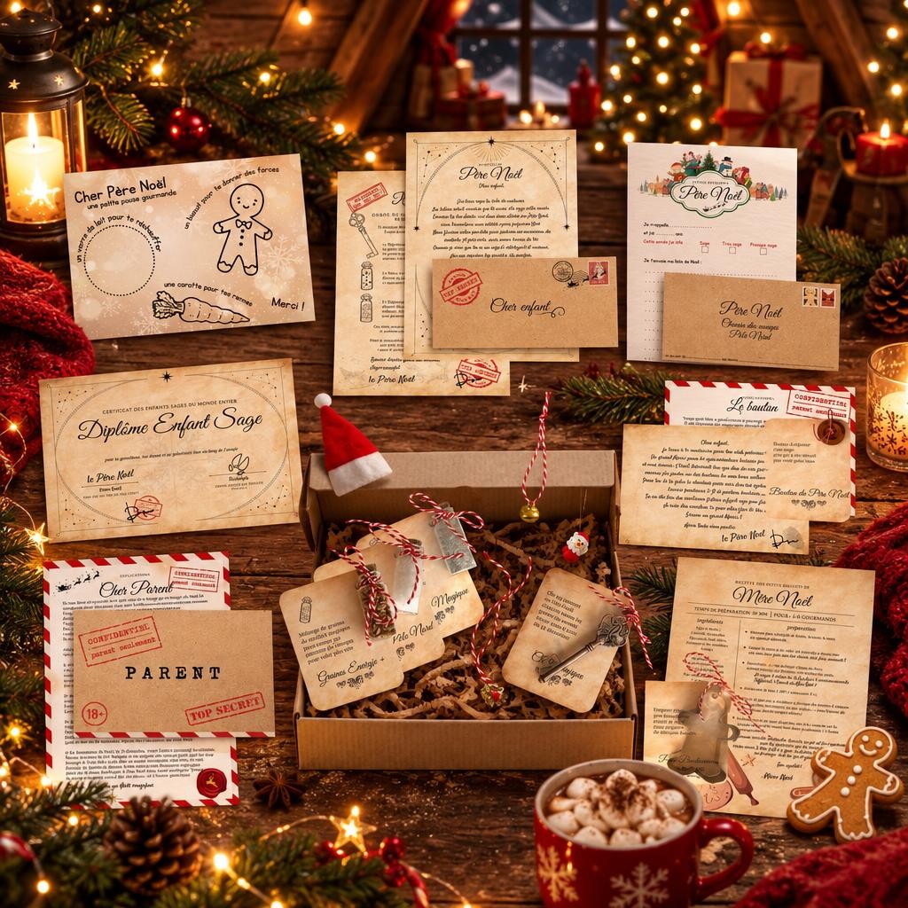 Contenu du kit Mission super lutin étalé sur une table en bois avec chocolat chaud et branches de sapin