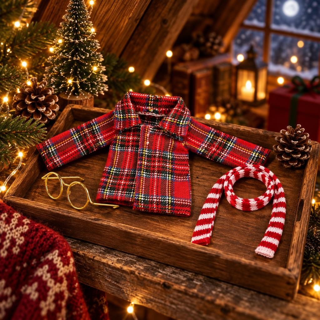 Chemise à carreaux, lunettes et écharpe rayée pour lutin farceur sur un plateau en bois