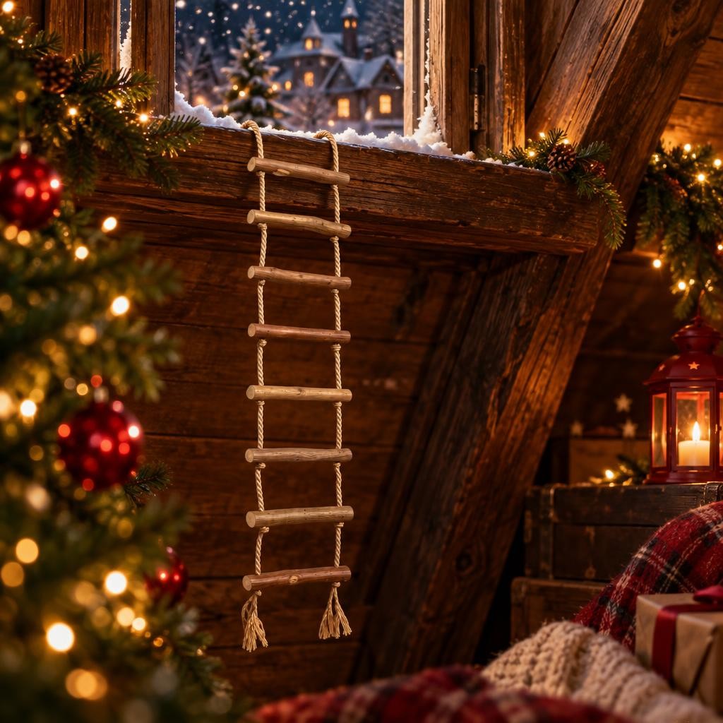 Échelle de corde miniature en bois suspendue à un rebord de fenêtre enneigée dans un grenier de Noël