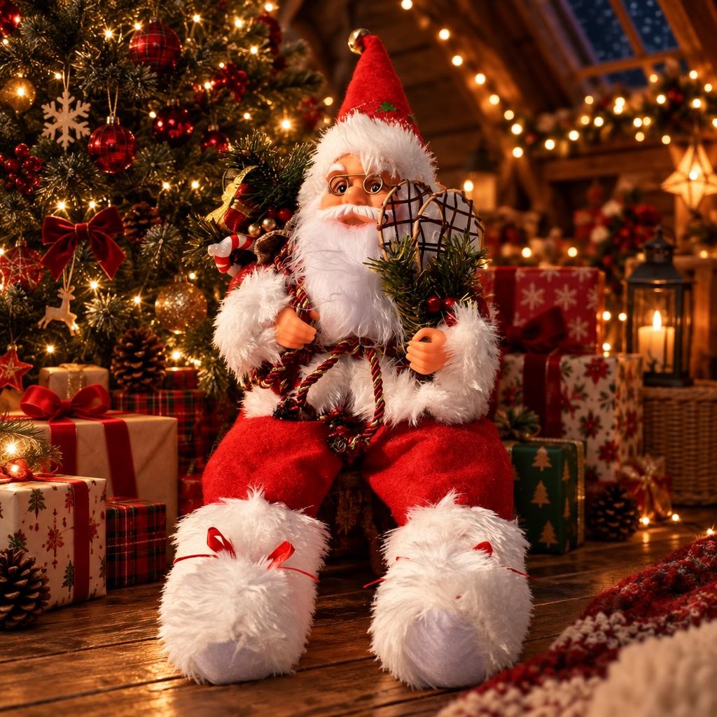 Grande figurine de Père Noël assis au pied dun sapin décoré entouré de cadeaux