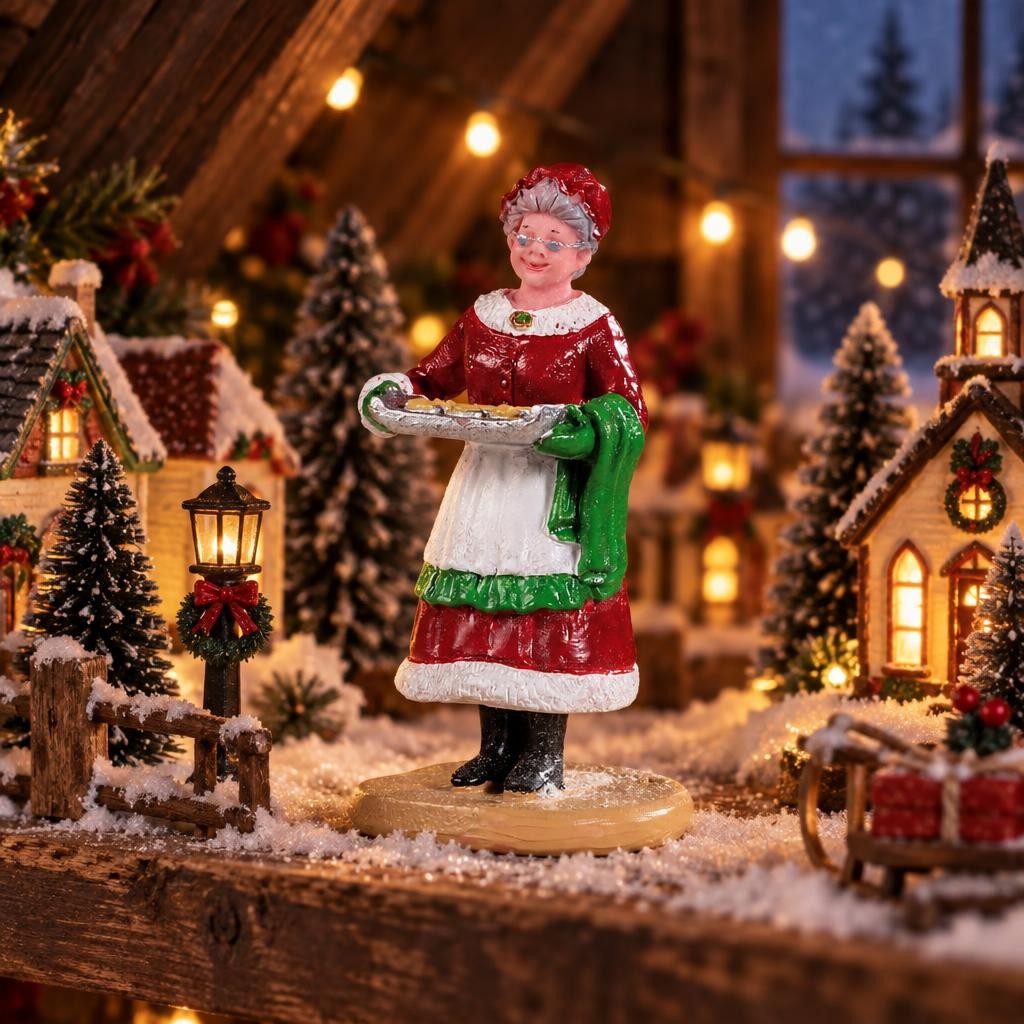 Figurine Mère Noël et ses cookies dans un village de Noël miniature enneigé